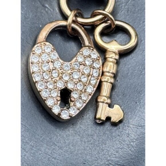 Fossil Link Bracelet Rose Gold Tone, Rhinestone Heart Lock Charm Whit Key- Cute - Picture 6 of 13